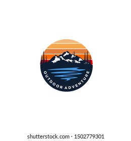 Mountain logo outdoor emblem circle - adventure wildlife pine tree forest design, hiking exploration nature, camping basecamp campfire alpine himalaya.