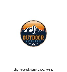 Mountain logo outdoor emblem circle - adventure wildlife pine tree forest design, hiking exploration nature, camping basecamp campfire alpine himalaya.