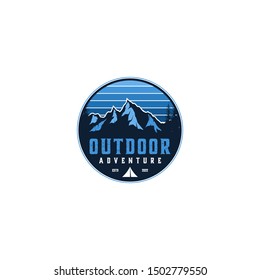 Mountain logo outdoor emblem circle - adventure wildlife pine tree forest design, hiking exploration nature, camping basecamp campfire alpine himalaya.