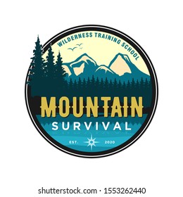 Mountain Logo Outdoor Emblem Circle - Adventure Wildlife Pine Tree Forest Design, Hiking Exploration Nature, Camping Basecamp Campfire Alpine Himalaya.