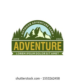 Mountain Logo Outdoor Emblem Circle - Adventure Wildlife Pine Tree Forest Design, Hiking Exploration Nature, Camping Basecamp Campfire Alpine Himalaya.