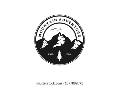 Mountain logo outdoor emblem circle - adventure wildlife pine tree forest design, hiking exploration nature, camping basecamp campfire alpine himalaya.