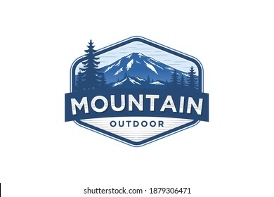 Mountain logo outdoor emblem circle - adventure wildlife pine tree forest design, hiking exploration nature, camping basecamp campfire alpine himalaya.