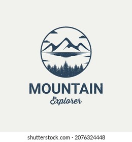 Mountain logo outdoor emblem circle - adventure wildlife pine tree forest design, hiking exploration nature, camping basecamp campfire alpine himalaya.