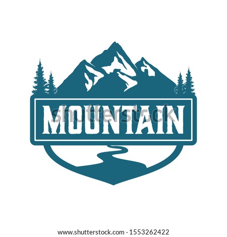 Mountain logo outdoor emblem circle - adventure wildlife pine tree forest design, hiking exploration nature, camping basecamp campfire alpine himalaya.