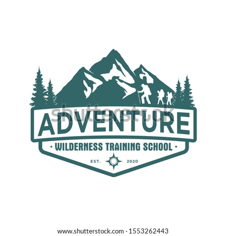 Mountain logo outdoor emblem circle - adventure wildlife pine tree forest design, hiking exploration nature, camping basecamp campfire alpine himalaya.