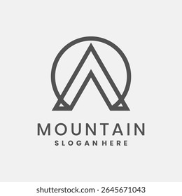 Mountain logo with peak and sun circle in minimalist monochrome design