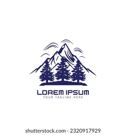 Mountain Logo with pine tree, vector illustration, icon, design, template, blue on white background