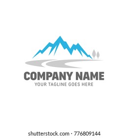 Mountain logo, river, lake... road, vector template
