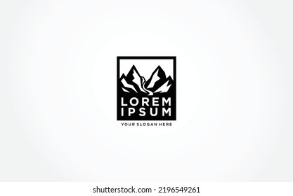 Mountain logo with river. Stable, farm,Valley, Race, Company logo design, Hill with minimalist line design