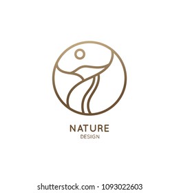 Mountain logo with road in minimal linear style. Vector round icon of landscape with hills, route, sun - business emblems, badge for travel, tourism, farming and ecology concepts, health, yoga Center.