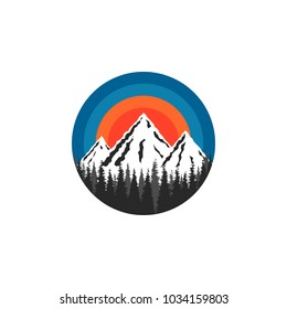 Mountain Logo Round Shape, Snow-capped Peaks Rocks And Spruce Forest Landscape On A Sun Sunset Background, A Tourism Brochure Poster Emblem Or Travel Icon