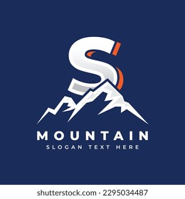 Silueta de logotipo de montaña con letra, ilustración de montaña, plantilla de logotipo de aventura al aire libre, colina