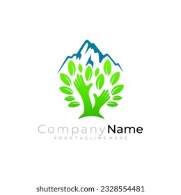 Mountain logo with simple design, tree and Mountain design, hand care