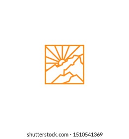 a mountain logo in a square and a sun that is shining
