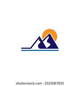 Logotipo de la montaña con el fondo del sol en diseño plano