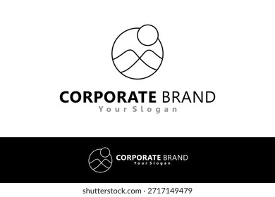 Logo de montaña con sol en forma de círculo en estilo de diseño de arte de línea