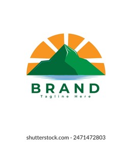 mountain logo with sun and lake