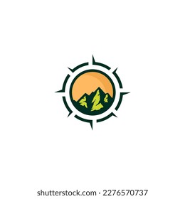 Mountain logo with sun and mountain word.