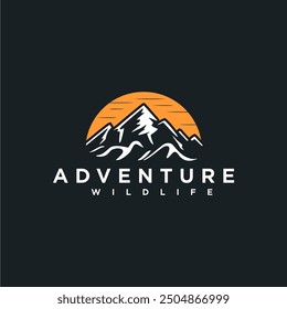 Mountain logo with sunset background. Adventure template explore outdoors vintage t-shirt design.