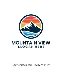mountain logo with sunset and river logo designs ideas