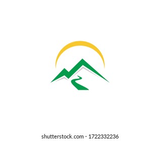 Mountain logo sunset river road vector icon 