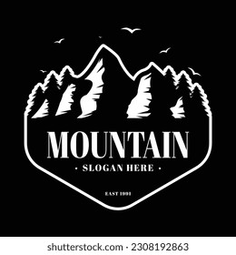 A mountain logo that is black and white
