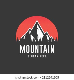 Mountain Logo Vector Design Inspiration. Red Sunset above mountains peak silhouette