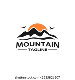 mountain logo vector design, mountain vector, pine tree, mountain silhouette, editable mountain logo, vintage, badge, illustration, travel, camping, bird icon, outdoor scenery, nature, outdoor