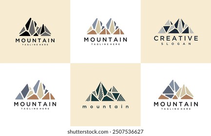 Kollektion von Vektorgrafik-Vektorgrafiken mit Berglogo. Mountain Logo Design Template Elemente Set mit Felsen, die einen Berg bilden.	