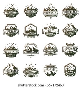 Mountain logo vector icons set logotype peak mountainous valleys hiking rock climbing  traveling top of alps isolated on white background.