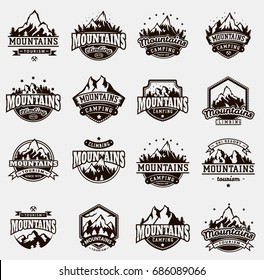 Mountain logo vector icons set logotype peak winter mountainous valleys hiking mountaineering rock climbing mounting traveling top of alps isolated on white background.