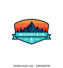 Mountain logo vector illustration. Mountain badge design vector template design. Trendy Mountains logo design vector illustration template for Outdoor Adventure.