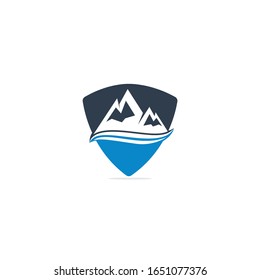 Mountain logo vector illustrations with water wave element.