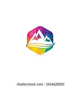 Mountain logo vector illustrations with water wave element.