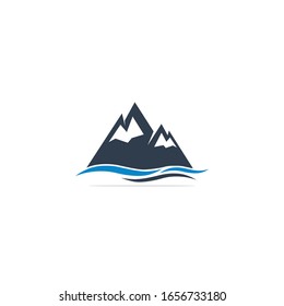 Mountain Logo Vector Illustrations With Water Wave Element.