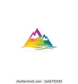 Mountain logo vector illustrations with water wave element.