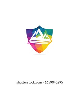 Mountain logo vector illustrations with water wave element.