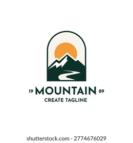 Mountain logo vector template, outdoor adventure and camping emblem, minimalist peak icon with pine forest for nature branding.