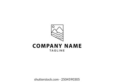 mountain logo with water waves in frame line art design