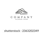 mountain logo with waves in line art design style