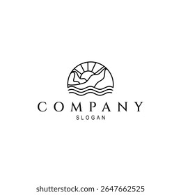 mountain logo with waves and sun in line art design style