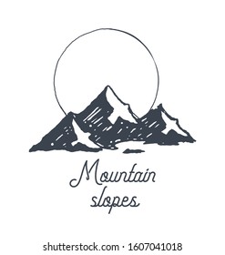 Mountain logotype, logo template. Beautiful landscape with sunrise in the mountains and hidden silhouettes of birds. Hand drawn vector illustration, sketch
