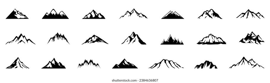 Mountain logotype on a white background. Set of black rock icons. Adventure traveling mountain logos. Collection of mountains icons