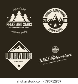 Mountain logotypes with hill peaks. Minimal retro badges, vintage labels for branding projects.