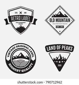 Mountain logotypes with hill peaks. Minimal retro badges, vintage labels for branding projects.