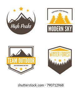 Mountain logotypes with hill peaks. Minimal retro badges, vintage labels for branding projects.