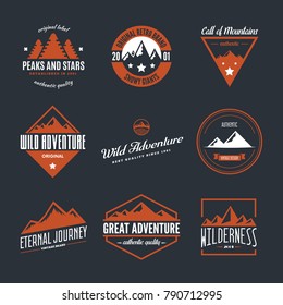 Mountain logotypes with hill peaks. Minimal retro badges, vintage labels for branding projects.