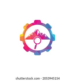 Mountain and loupe gear shape concept logo combination. Nature and magnifying symbol or icon. Magnifying glass and mountain logo design.