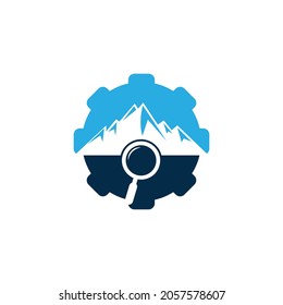 Mountain and loupe gear shape concept logo combination. Nature and magnifying symbol or icon. Magnifying glass and mountain logo design.